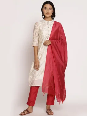 Off White Floral Printed Kurta Trouser Dupatta