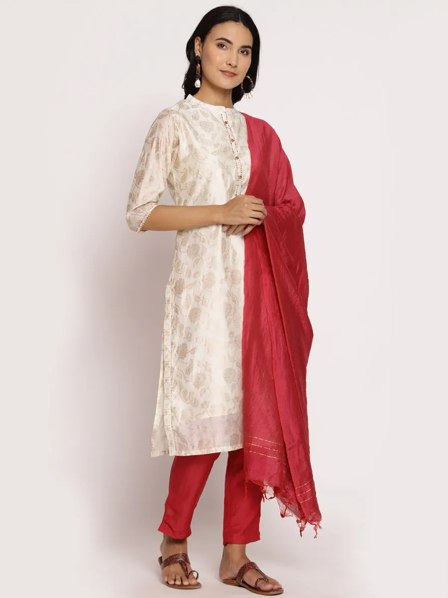 Off White Floral Printed Kurta Trouser Dupatta