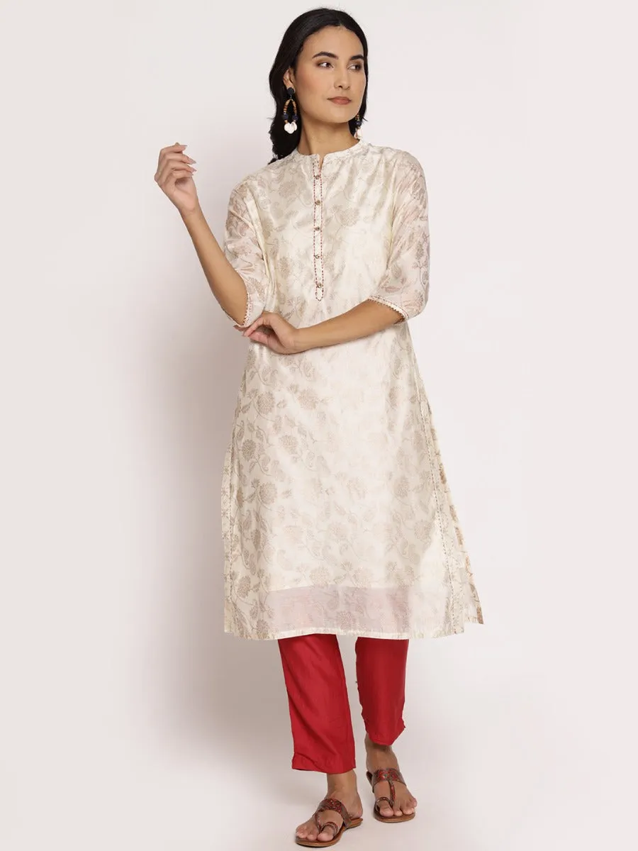 Off White Floral Printed Kurta Trouser Dupatta