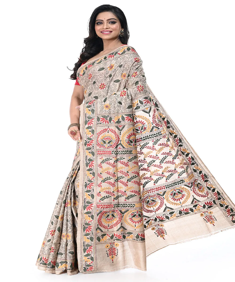 Offwhite multicolor tussar silk kantha stitch handwoven saree