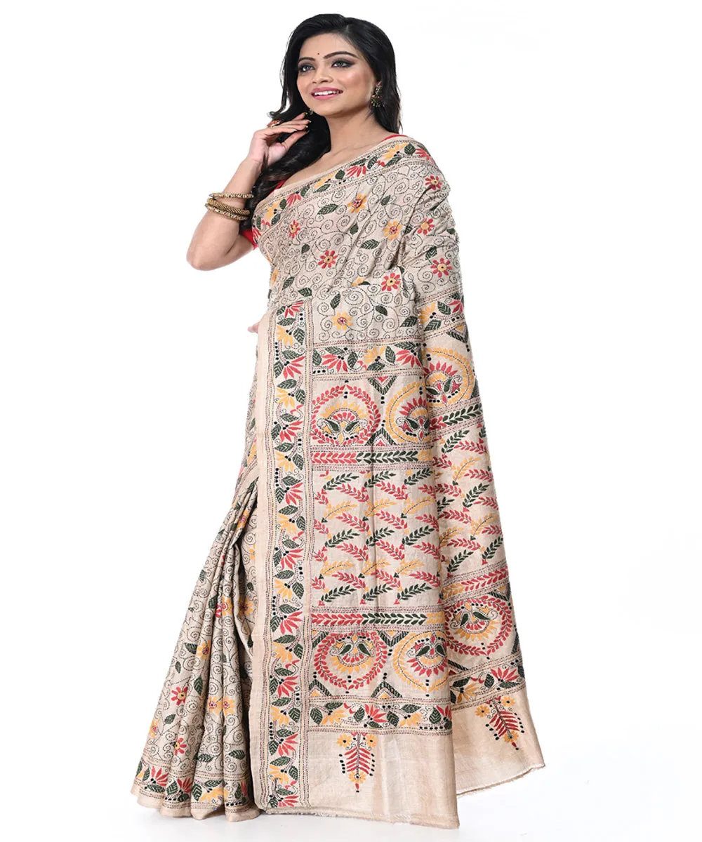 Offwhite multicolor tussar silk kantha stitch handwoven saree