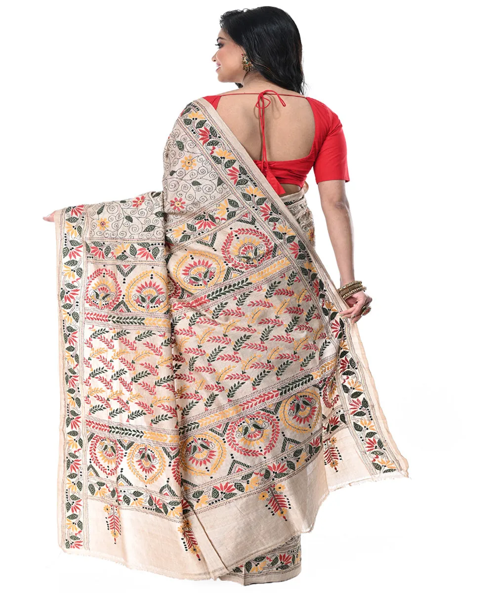 Offwhite multicolor tussar silk kantha stitch handwoven saree