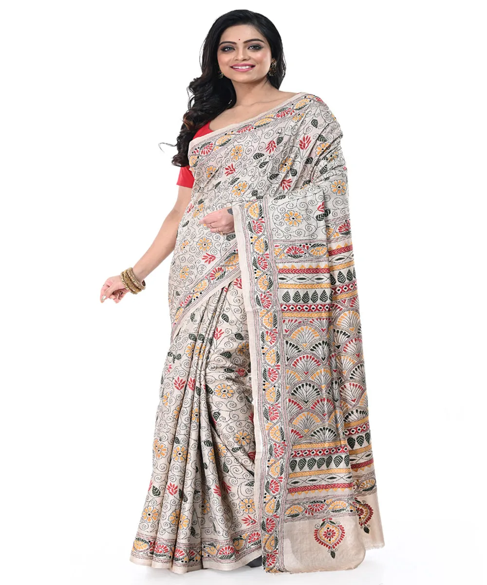 Offwhite tussar silk handwoven kantha stitch saree