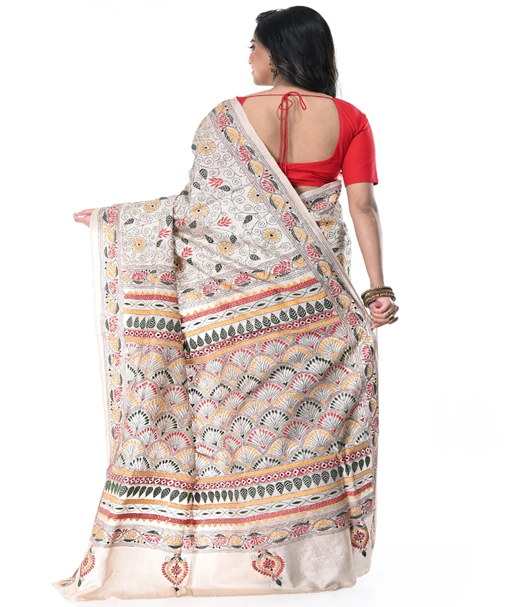 Offwhite tussar silk handwoven kantha stitch saree