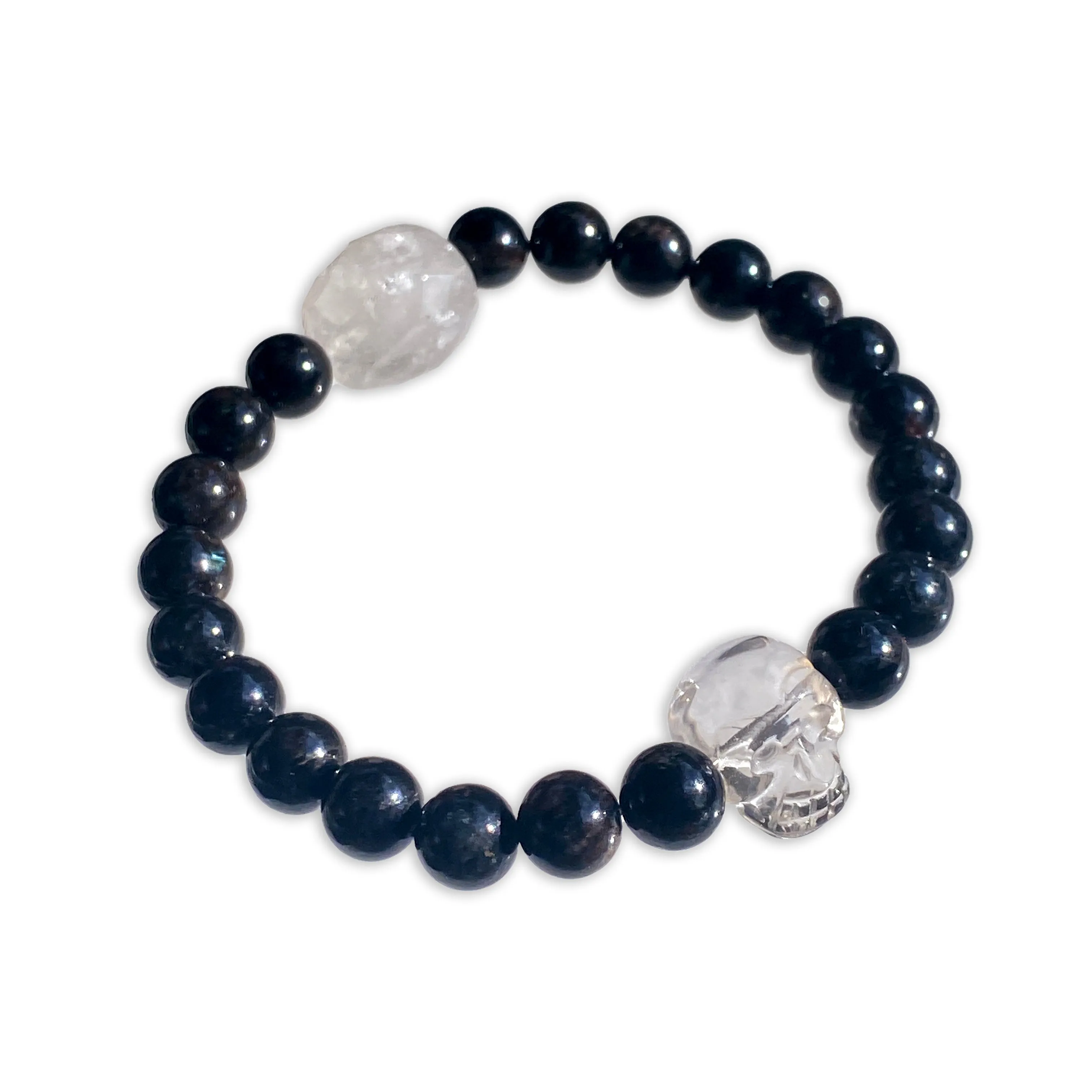 Onyx gemstones and Clear Quartz Skull stretch Bracelet