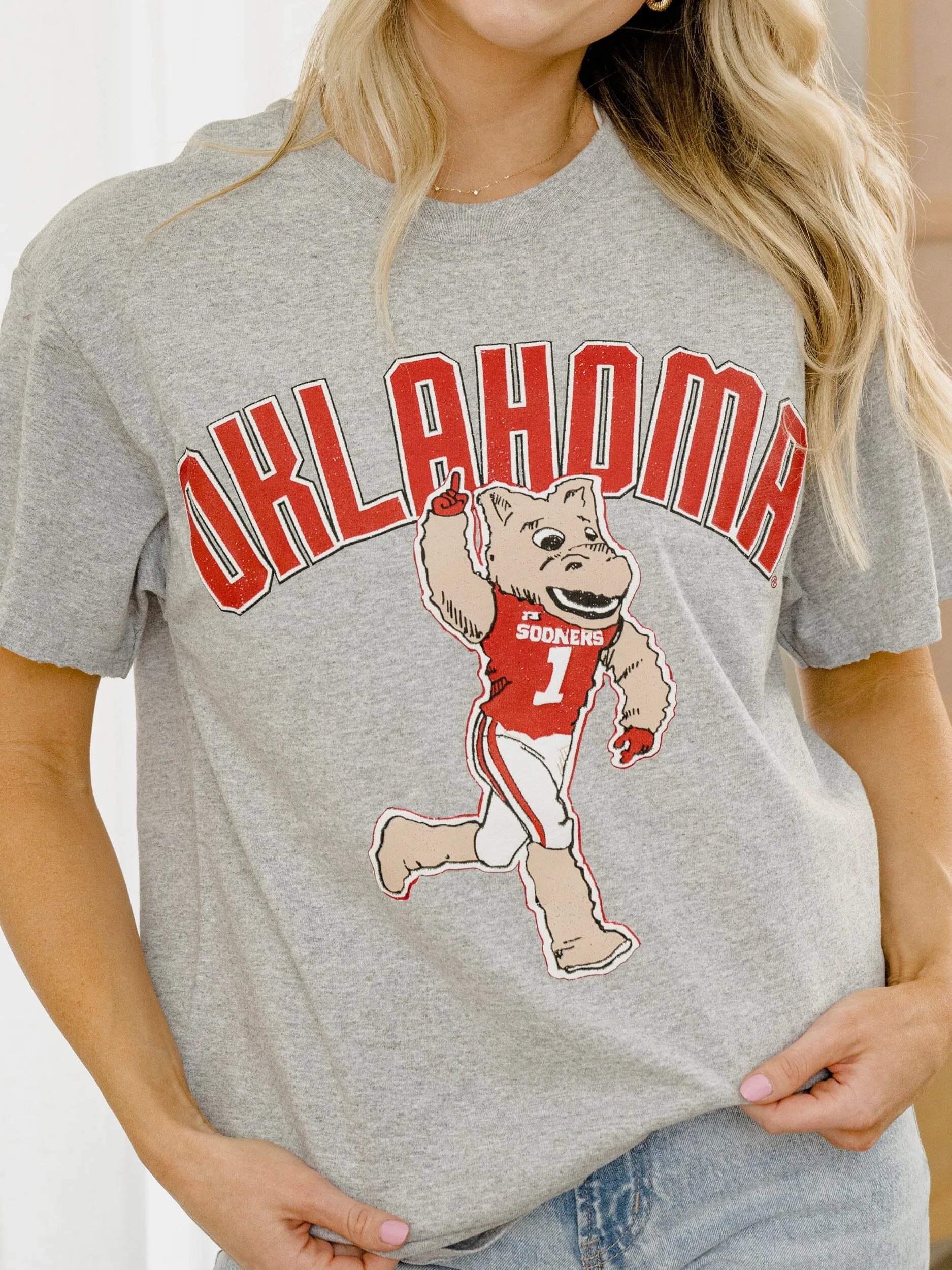 OU Sooners Cartoon Mascot Puff Ink Gray Thrifted Tee