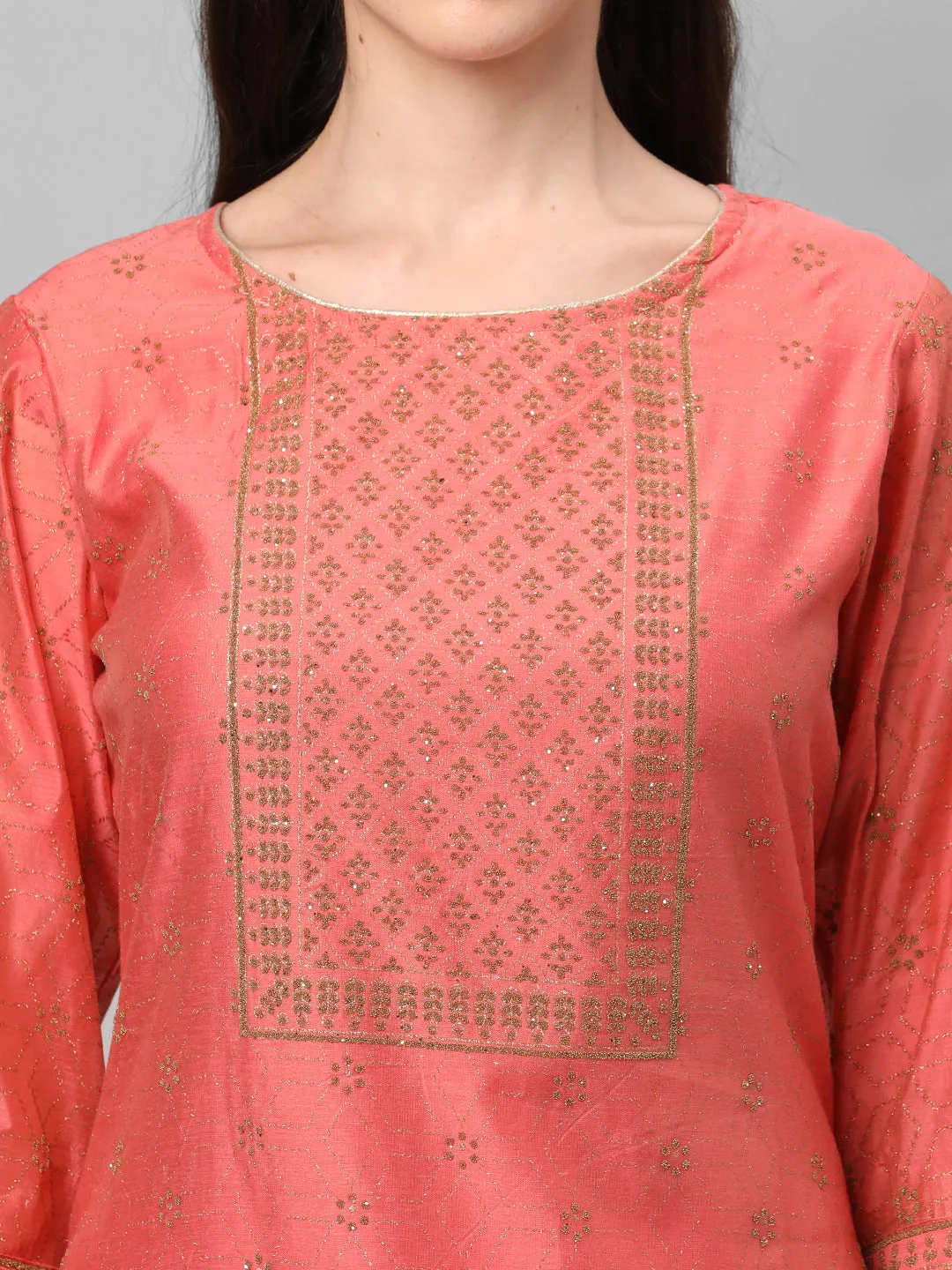 Peach Ornamental Printed Kurta With Trouser