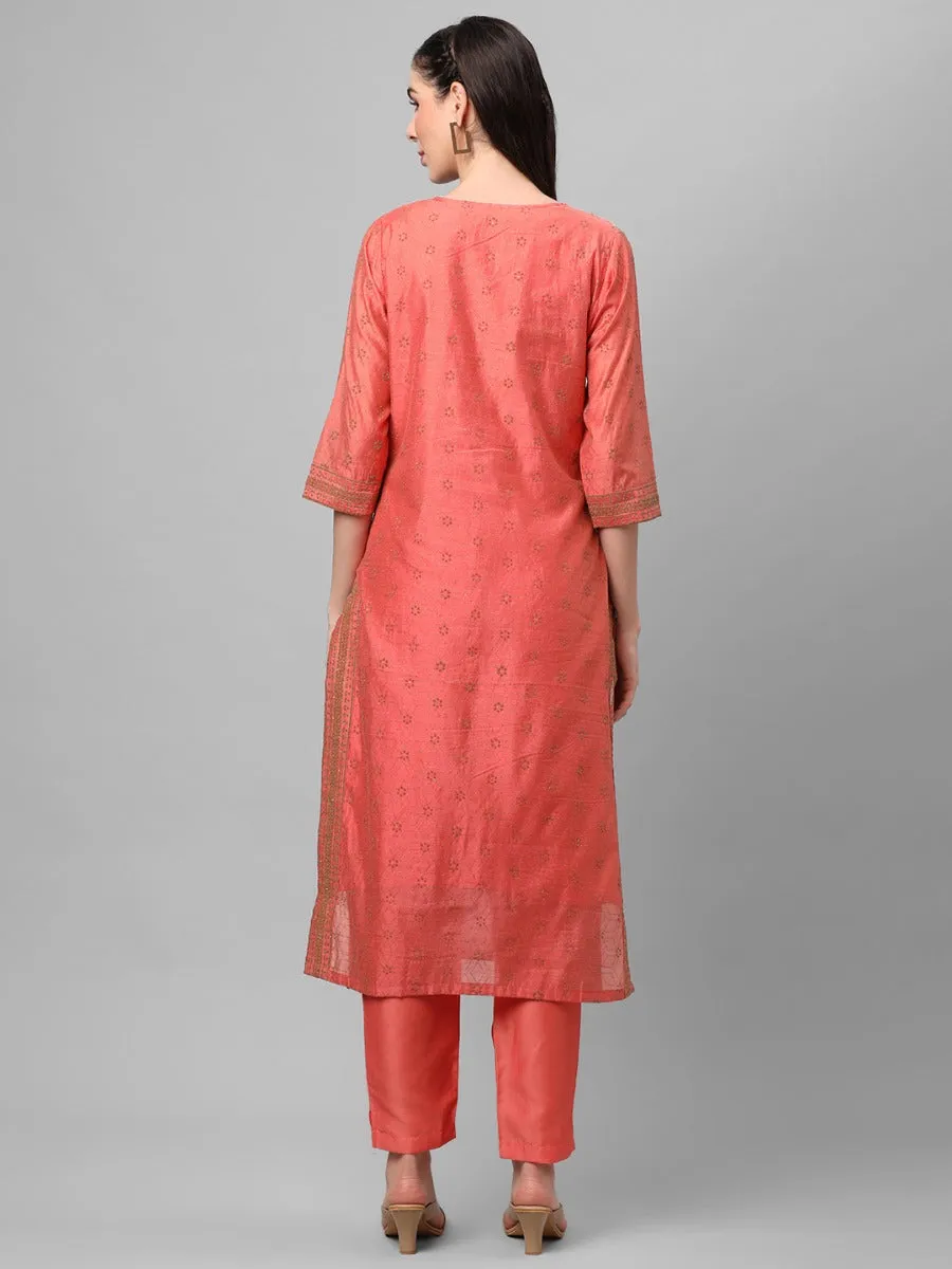 Peach Ornamental Printed Kurta With Trouser