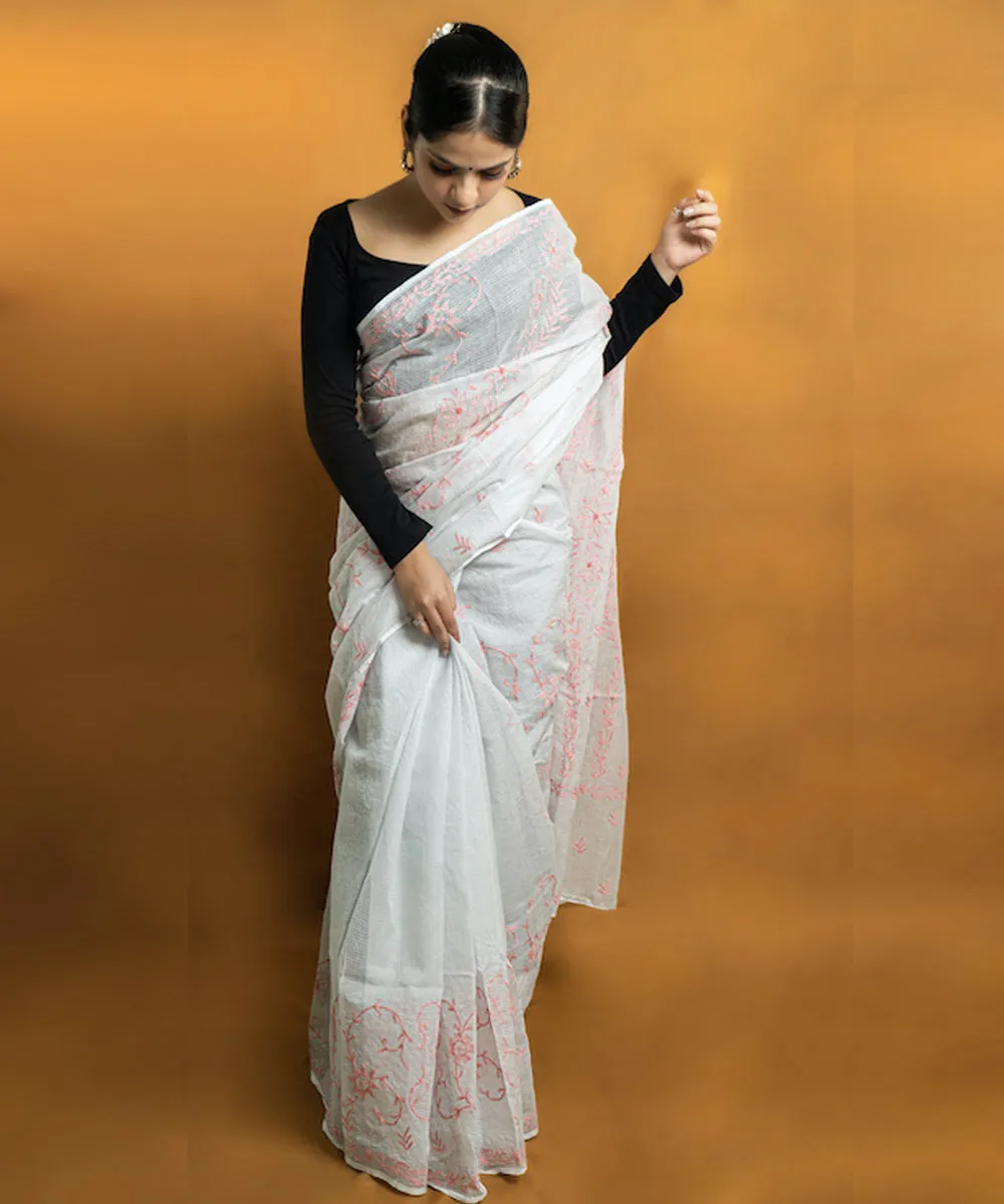 Peach white hand embroidered cotton chikankari saree