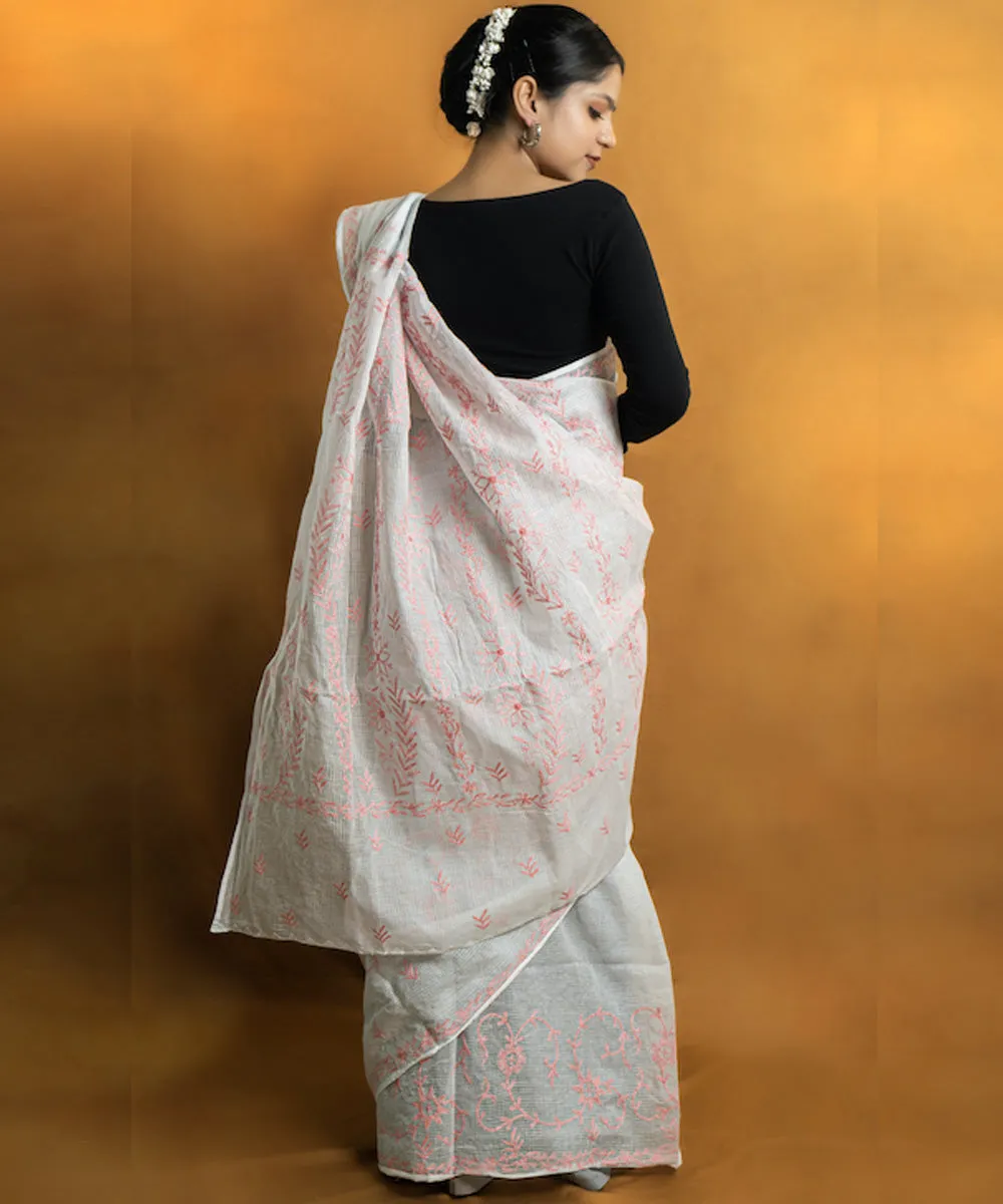 Peach white hand embroidered cotton chikankari saree