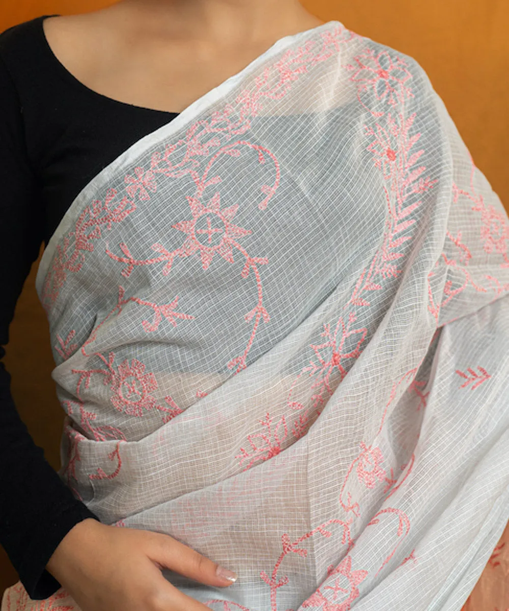 Peach white hand embroidered cotton chikankari saree