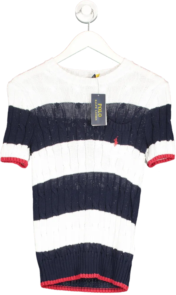 Polo Ralph Lauren Blue Short Sleeve Cable Knit Striped Jumper UK S