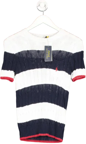 Polo Ralph Lauren Blue Short Sleeve Cable Knit Striped Jumper UK S