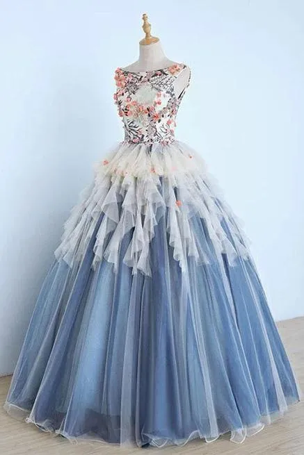 Princess Ball Gown Appliques Blue Tulle Prom Dresses, Sweet 16 Dress, Quinceanera Dress STK15289