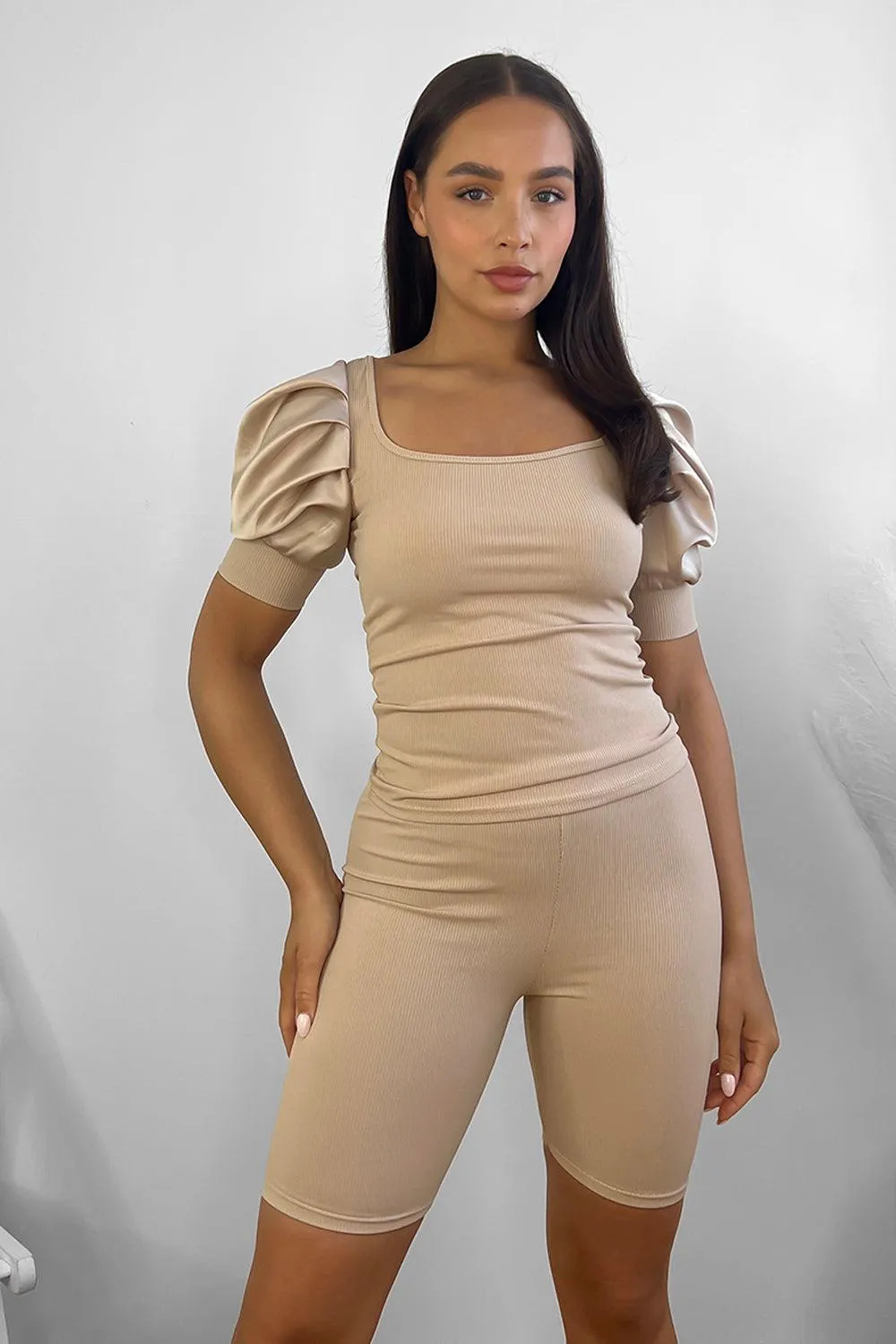 Puff Sleeve Top And Cycling Shorts Set