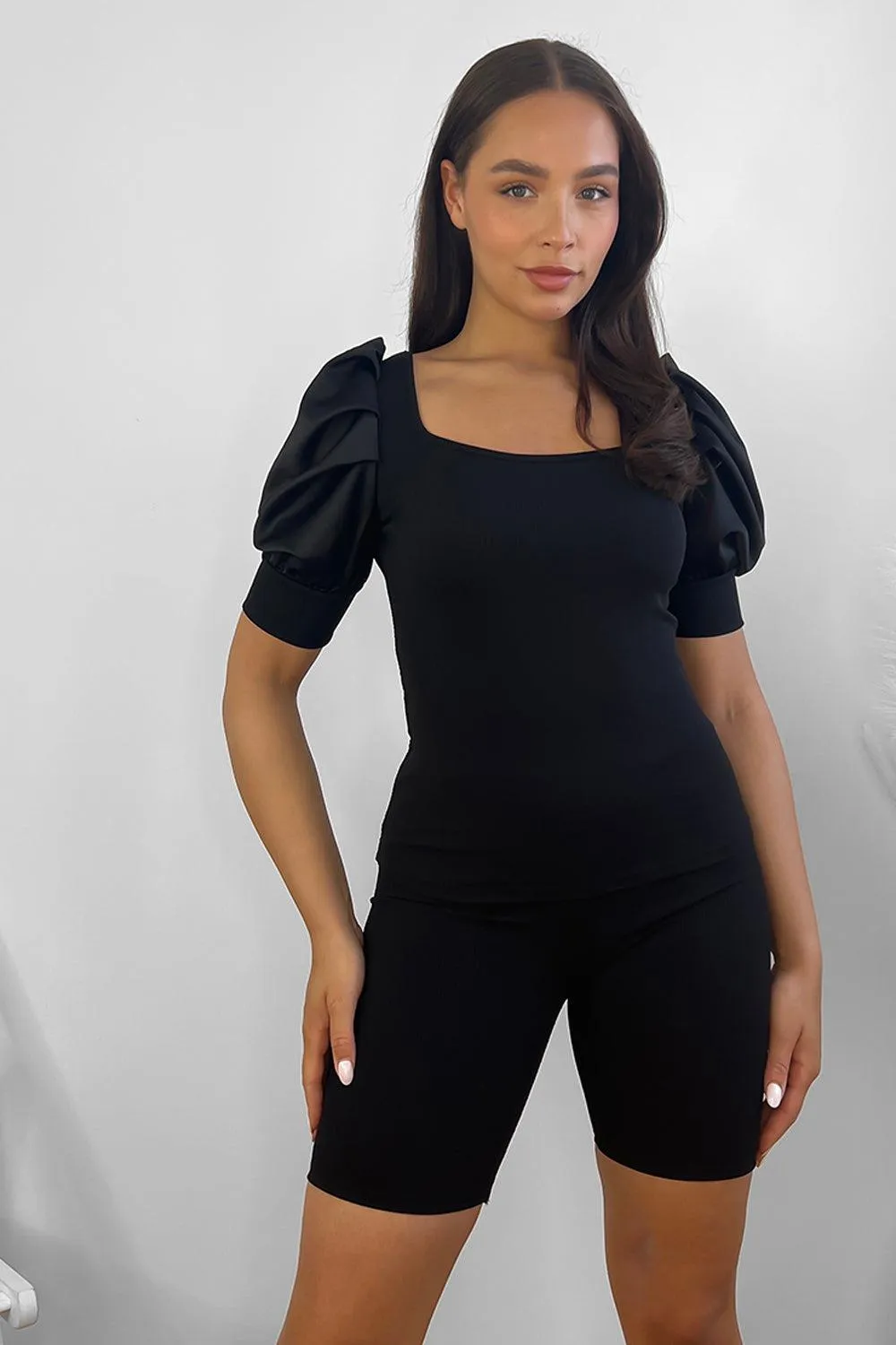 Puff Sleeve Top And Cycling Shorts Set