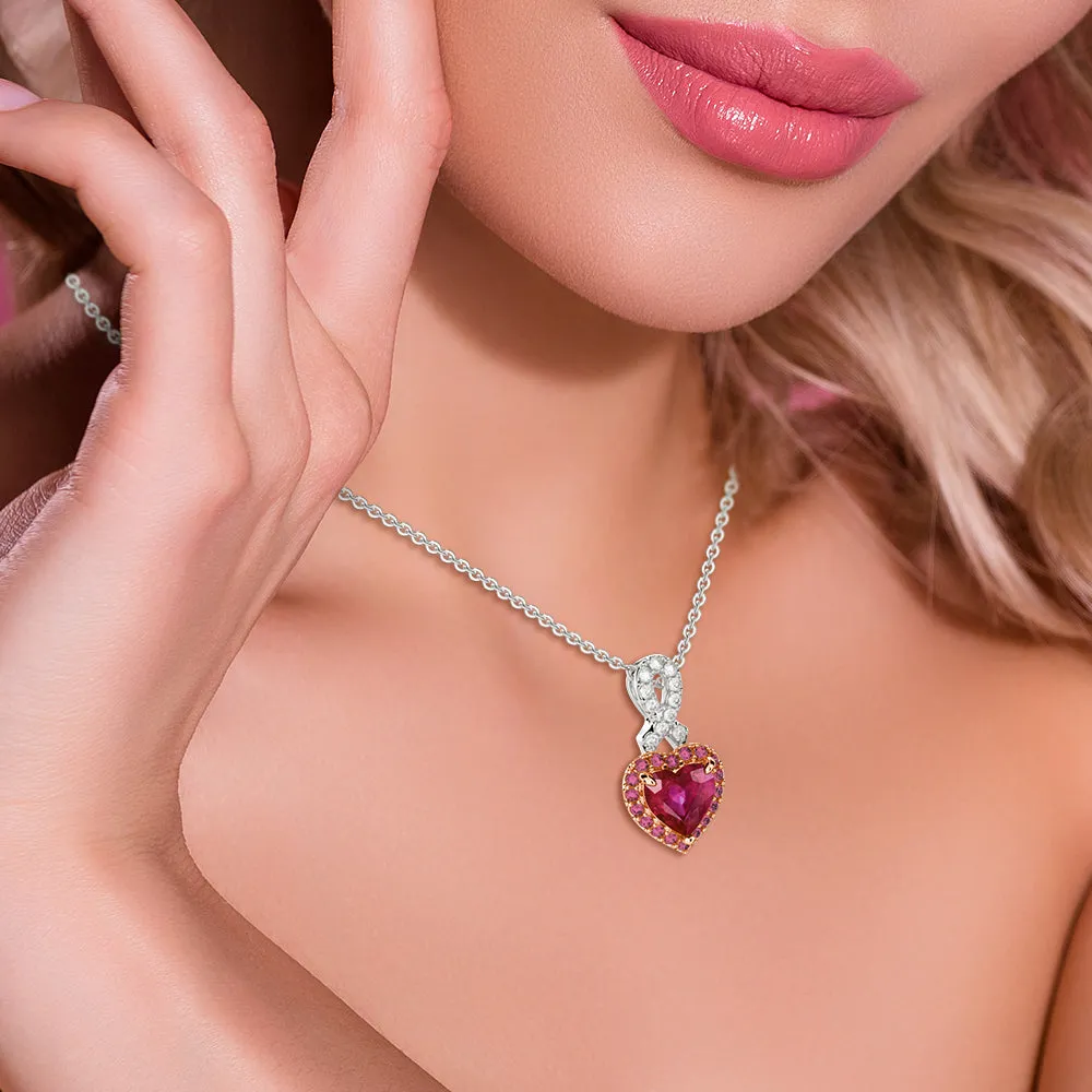 "You Are So Loved" Heart Pink Sapphire Necklace With Pavé Ribbon