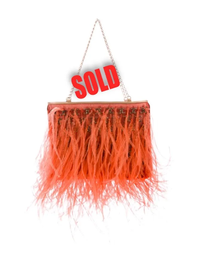 Rare Chanel Orange Crystal CC Ostrich Feather Purse Clutch Handbag