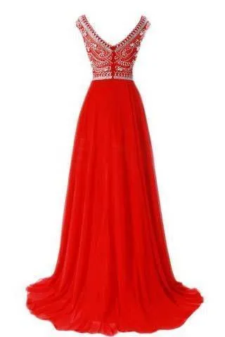 Red Long Chiffon Silver Beaded Chiffon Gown With Cap Sleeves Burgundy Prom Dresses