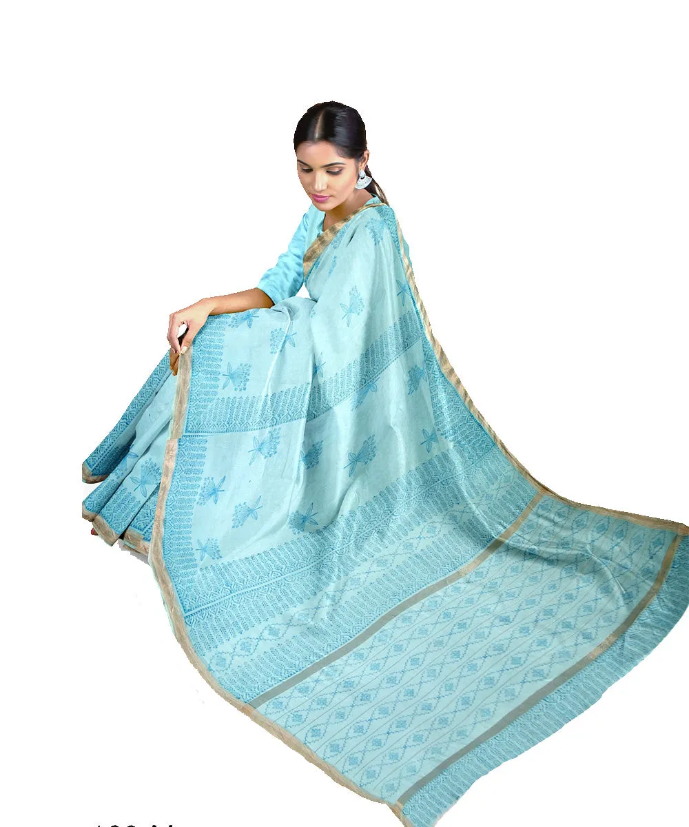 Sky blue hand printed maheshwari cotton silk saree