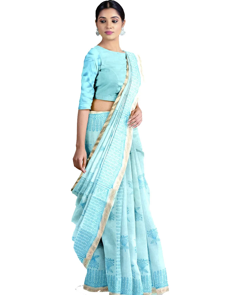 Sky blue hand printed maheshwari cotton silk saree