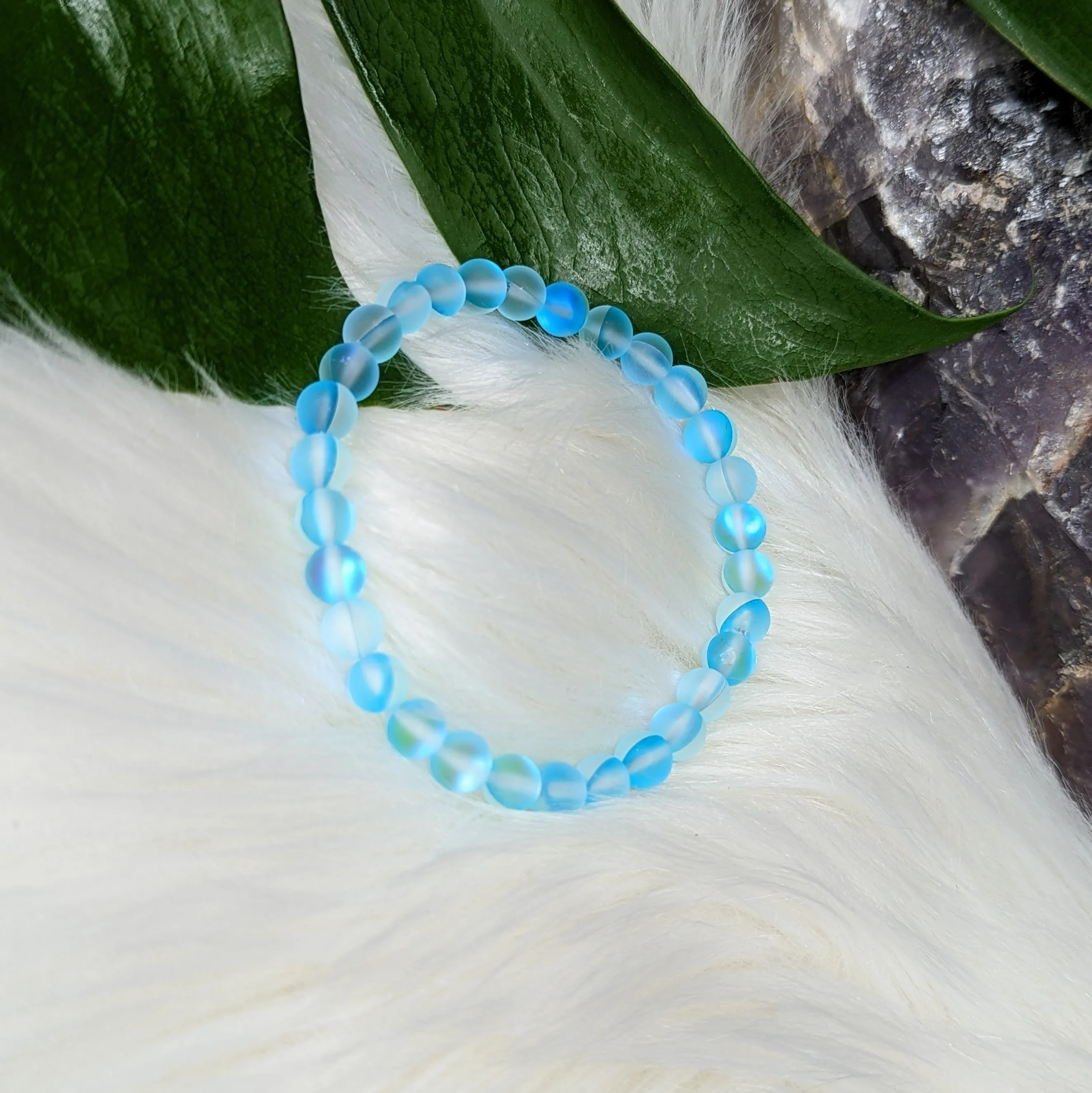 Sky Blue Mermaid Glass Stretch Bracelet ~ Rainbow Iridescent Glow