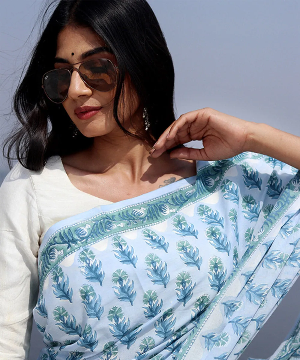 Sky blue navy blue cotton sanganeri hand block printed saree