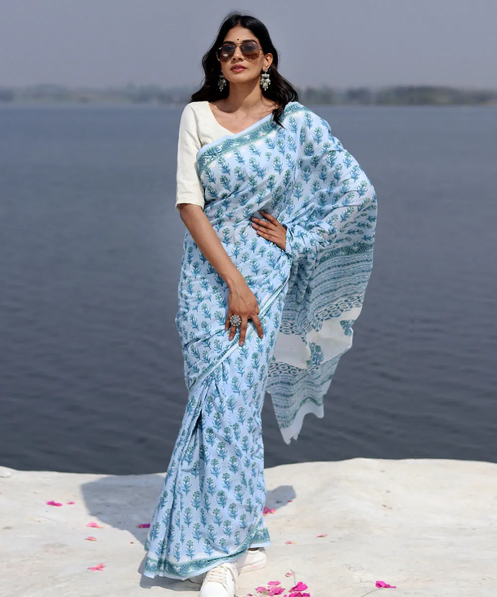 Sky blue navy blue cotton sanganeri hand block printed saree