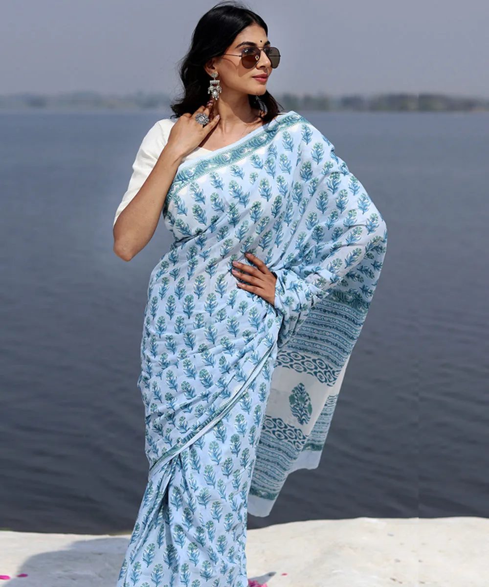 Sky blue navy blue cotton sanganeri hand block printed saree