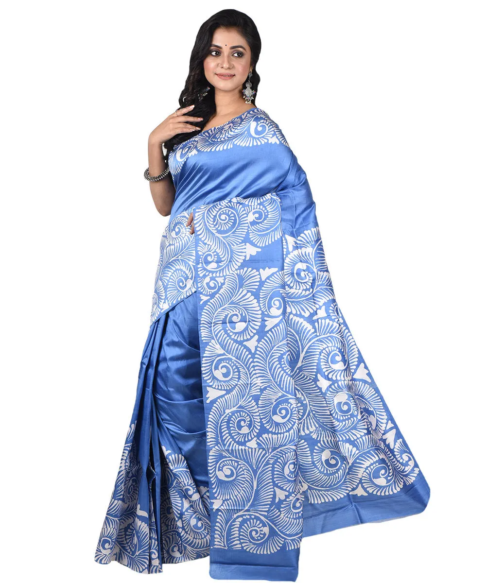 Sky blue offwhite silk handloom batik print saree