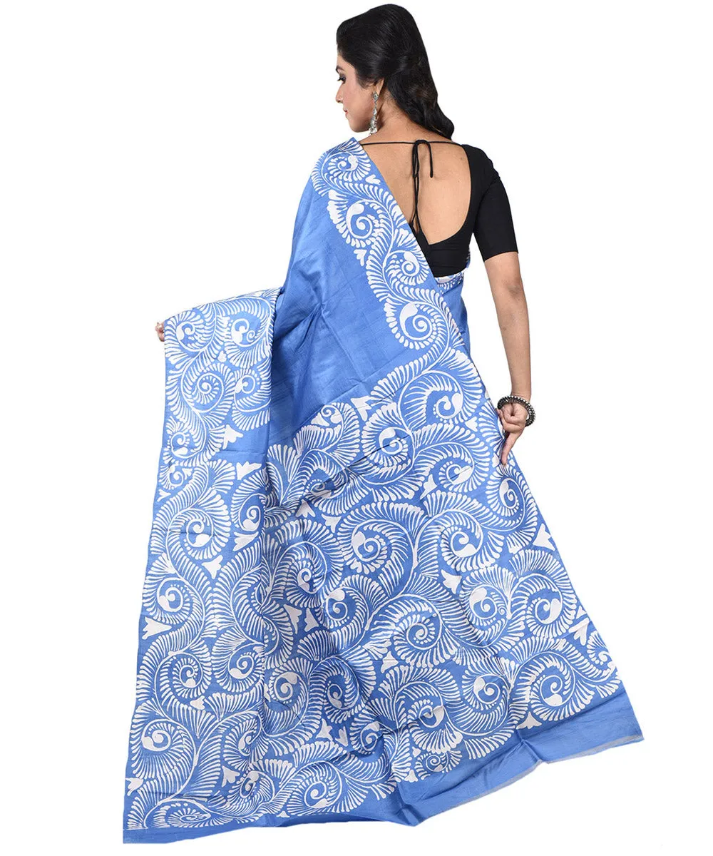 Sky blue offwhite silk handloom batik print saree