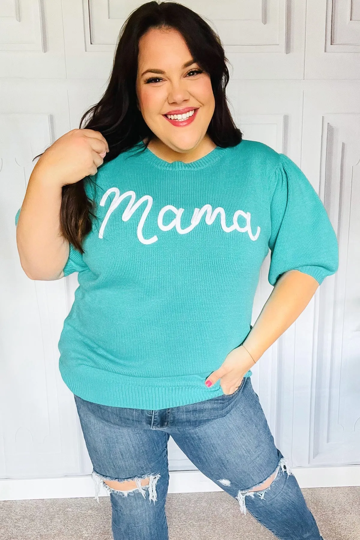 Take A Bow Mint Mama Embroidery Pop-Up Puff Sleeve Sweater Top