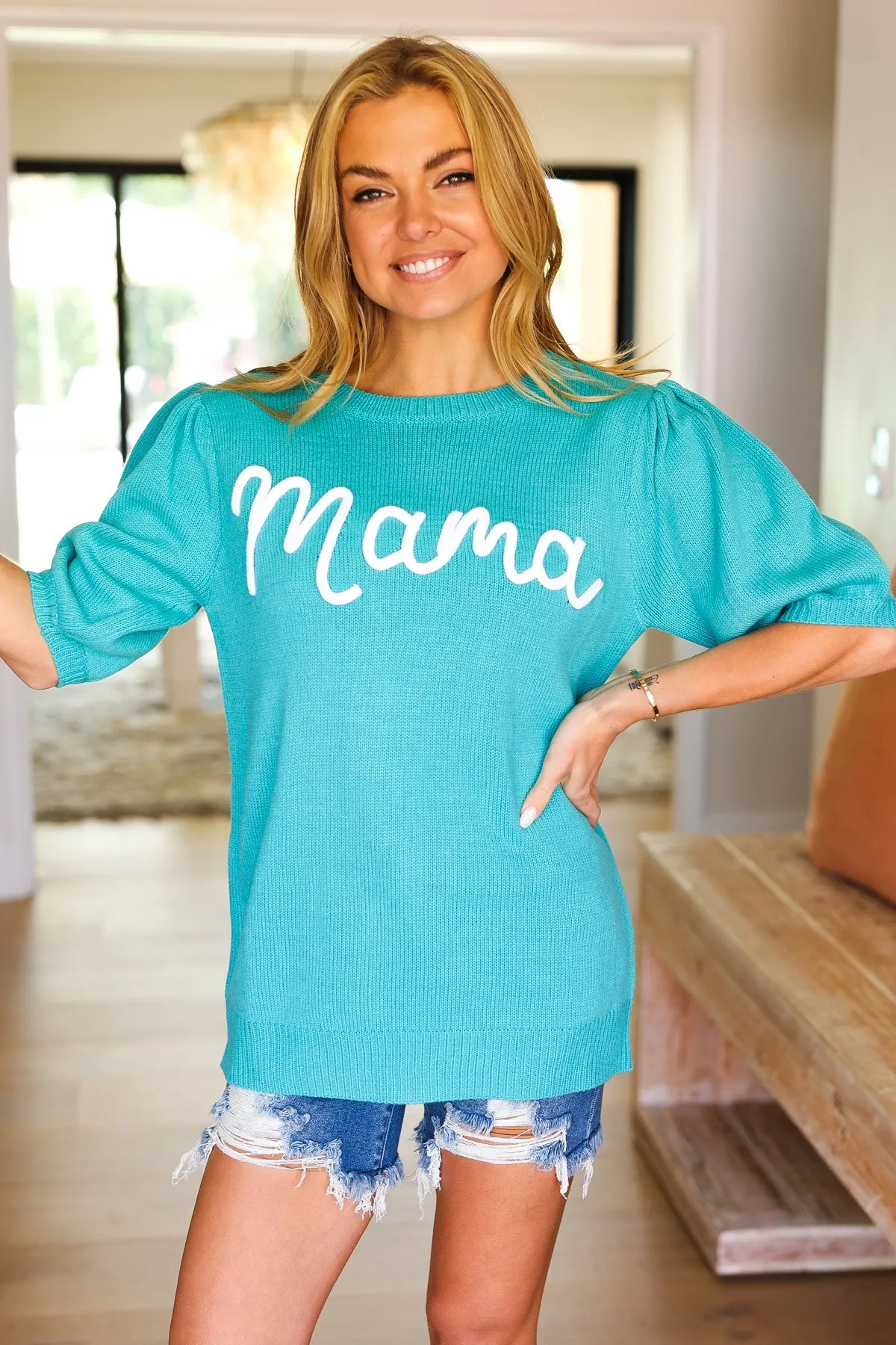 Take A Bow Mint Mama Embroidery Pop-Up Puff Sleeve Sweater Top