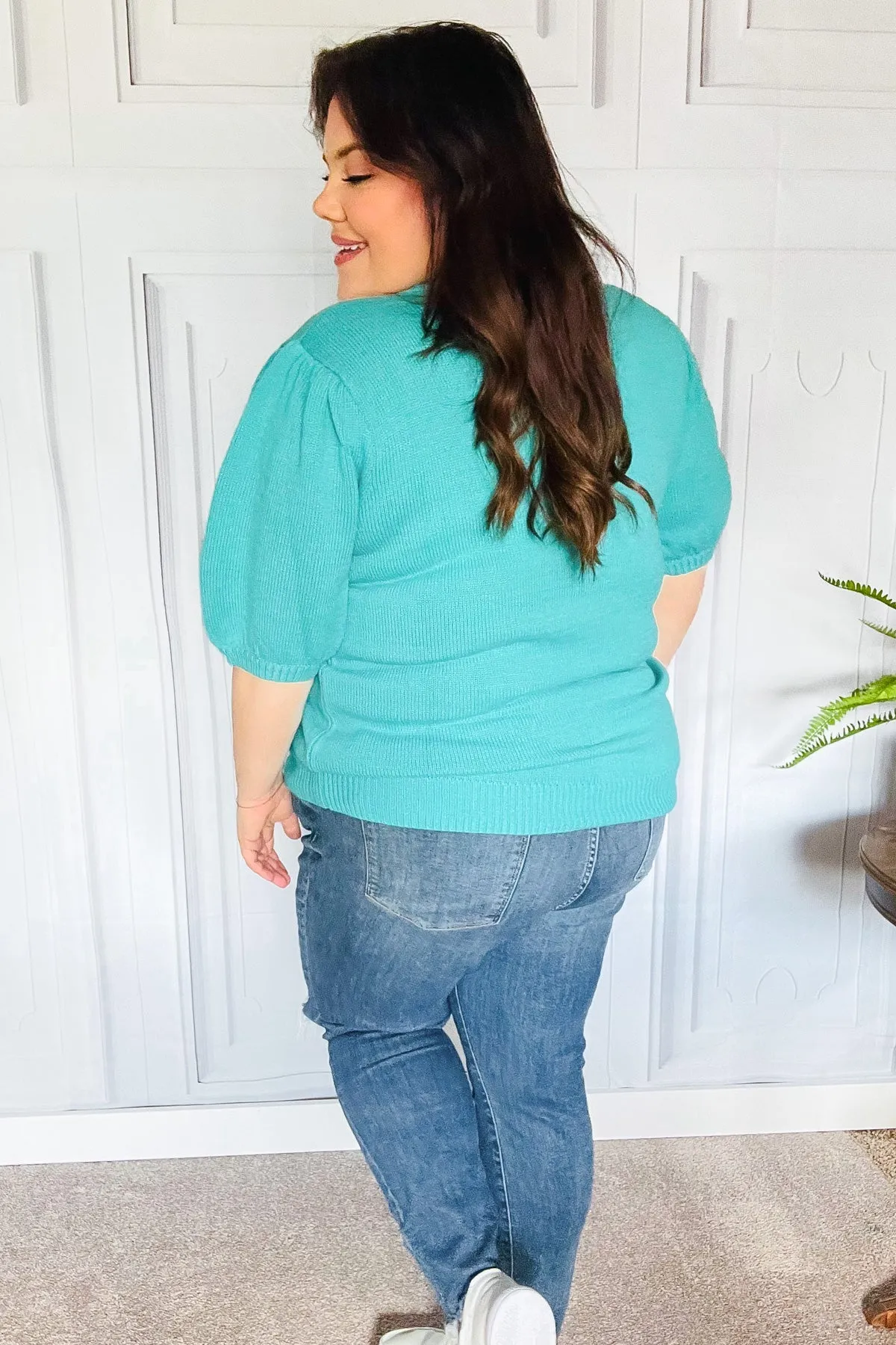 Take A Bow Mint Mama Embroidery Pop-Up Puff Sleeve Sweater Top