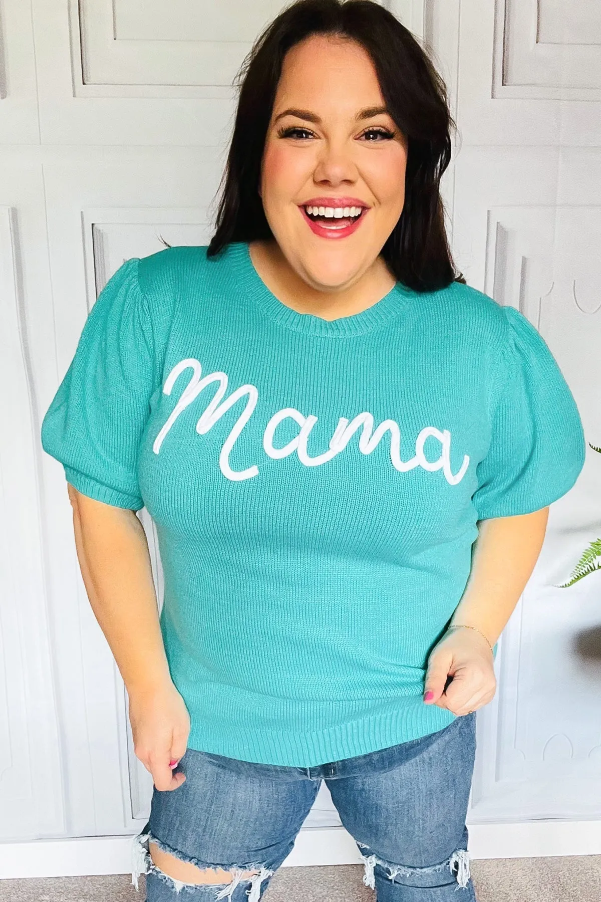 Take A Bow Mint Mama Embroidery Pop-Up Puff Sleeve Sweater Top