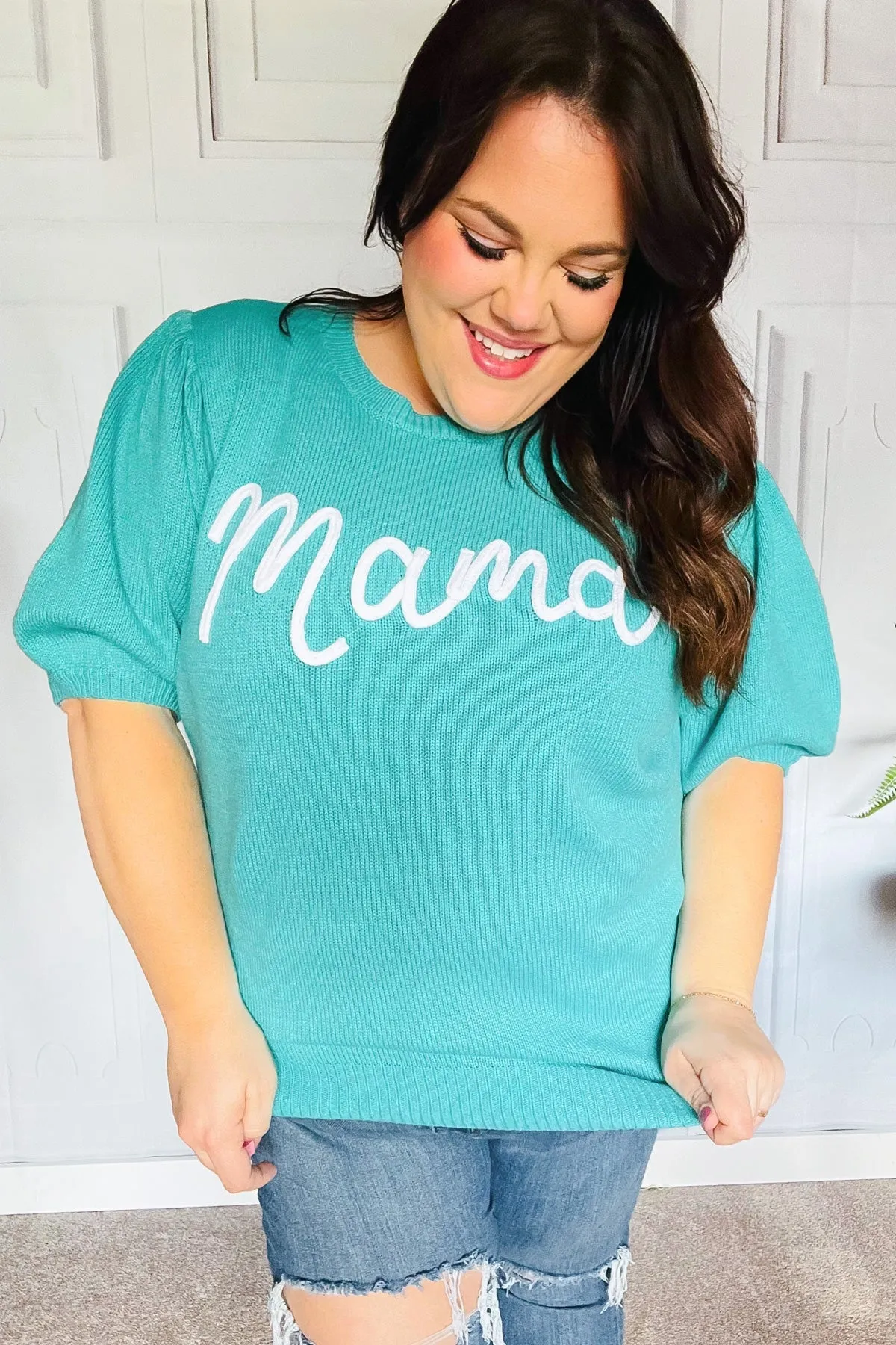 Take A Bow Mint Mama Embroidery Pop-Up Puff Sleeve Sweater Top