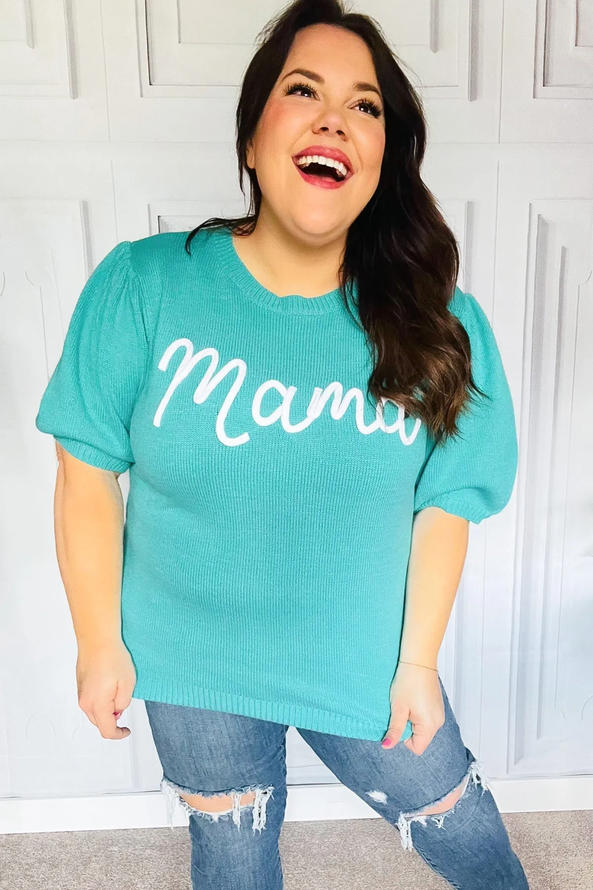 Take A Bow Mint Mama Embroidery Pop-Up Puff Sleeve Sweater Top