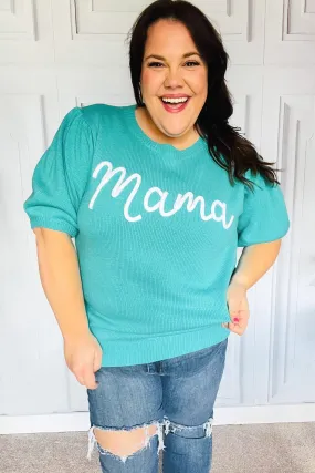 Take A Bow Mint Mama Embroidery Pop-Up Puff Sleeve Sweater Top