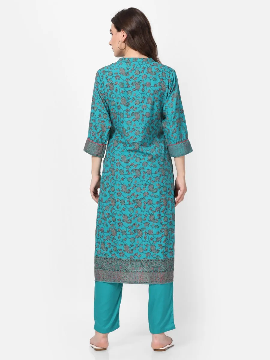 Teal Floral Kurta With Trouser