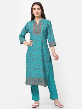 Teal Floral Kurta With Trouser