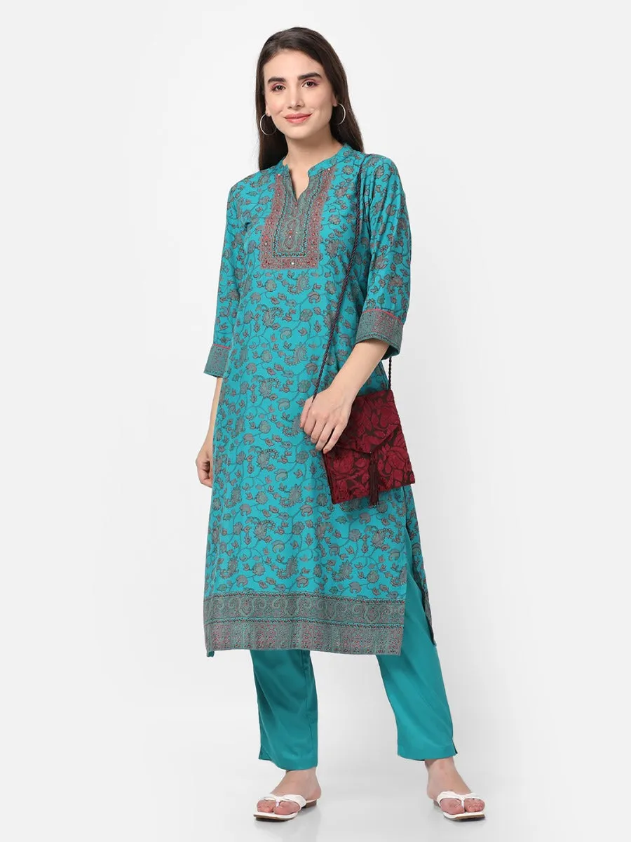 Teal Floral Kurta With Trouser