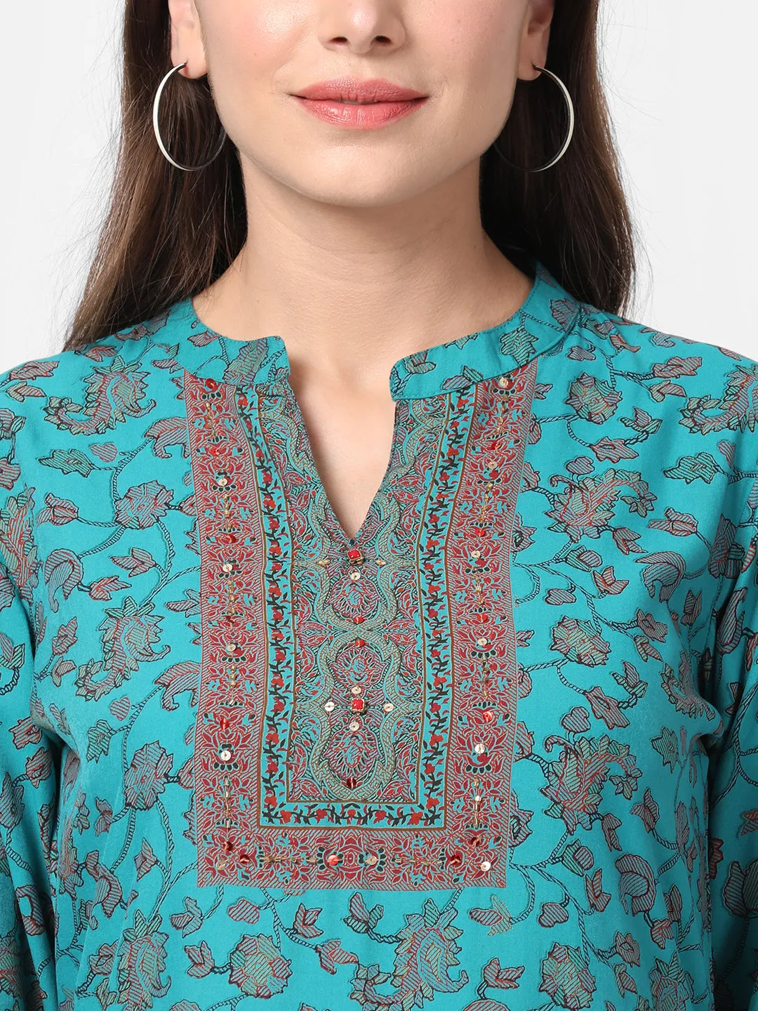 Teal Floral Kurta With Trouser