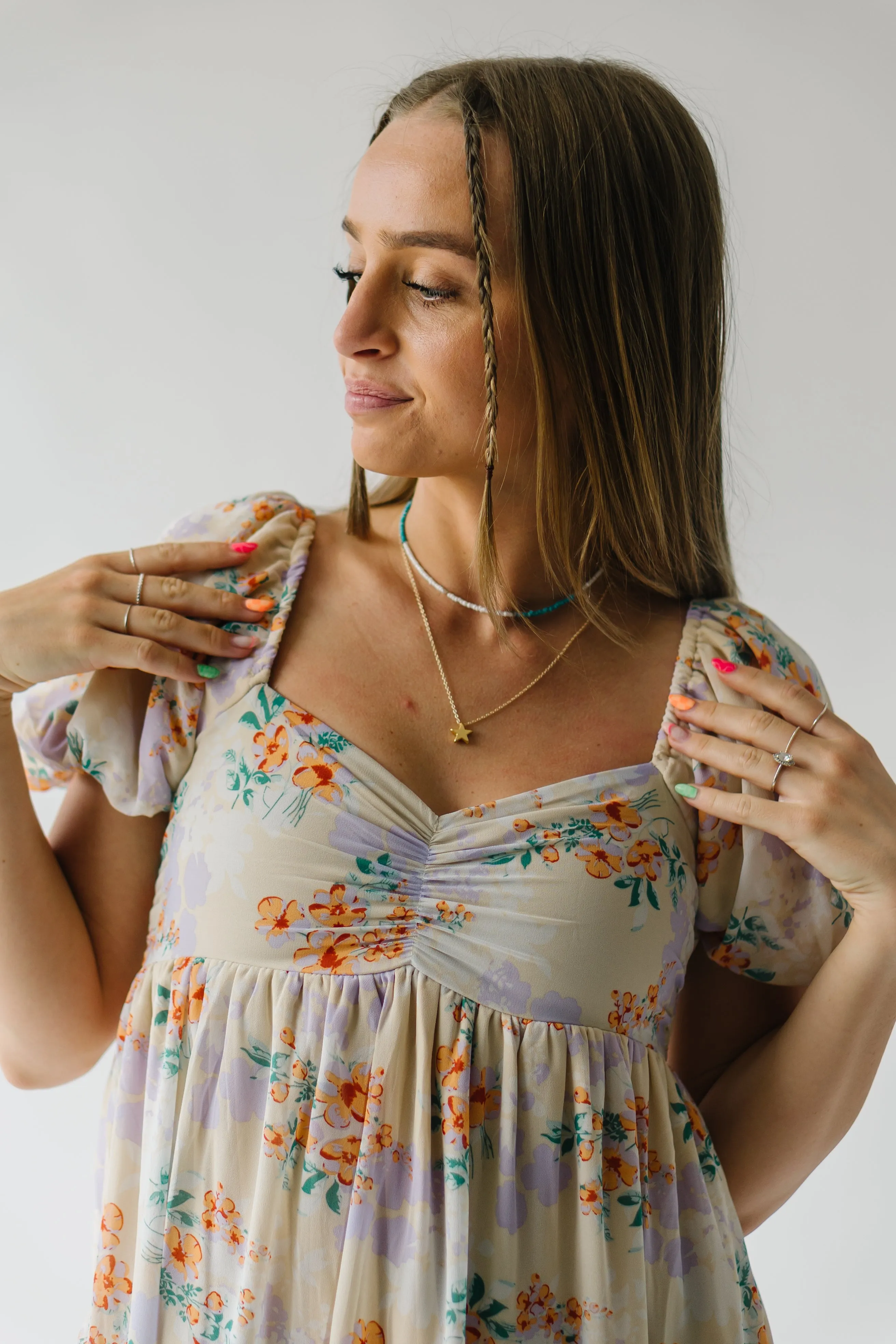 The Almira Puff Sleeve Midi Dress in Cream Floral