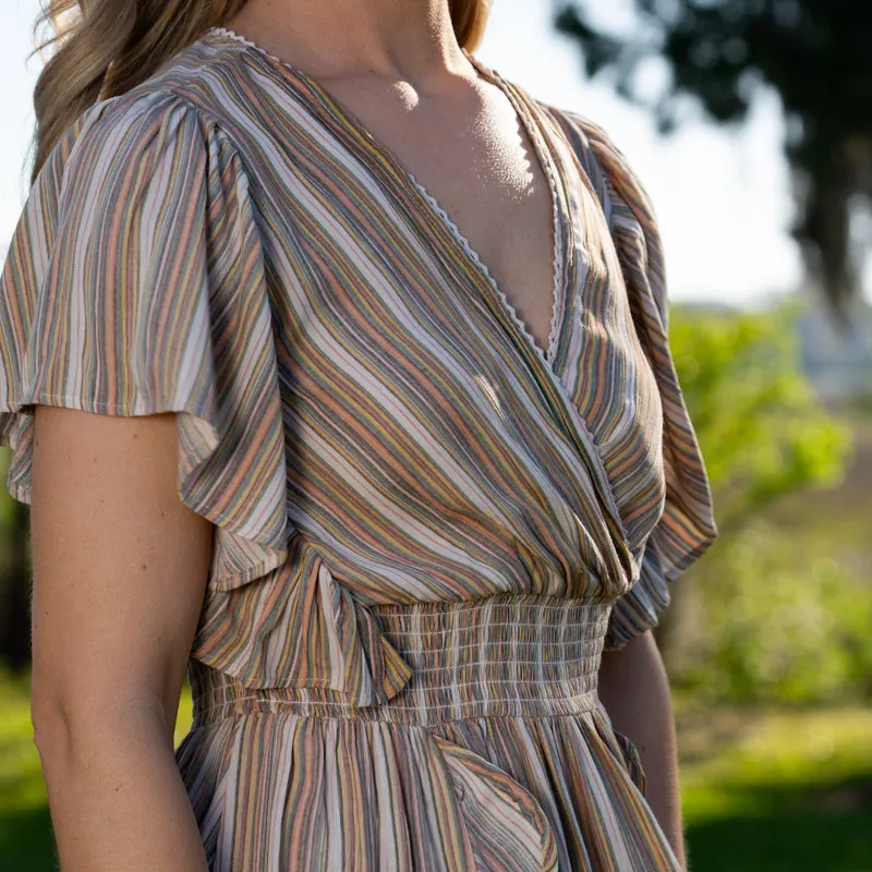 V-Neck Flutter Sleeve Short Stripe Dress