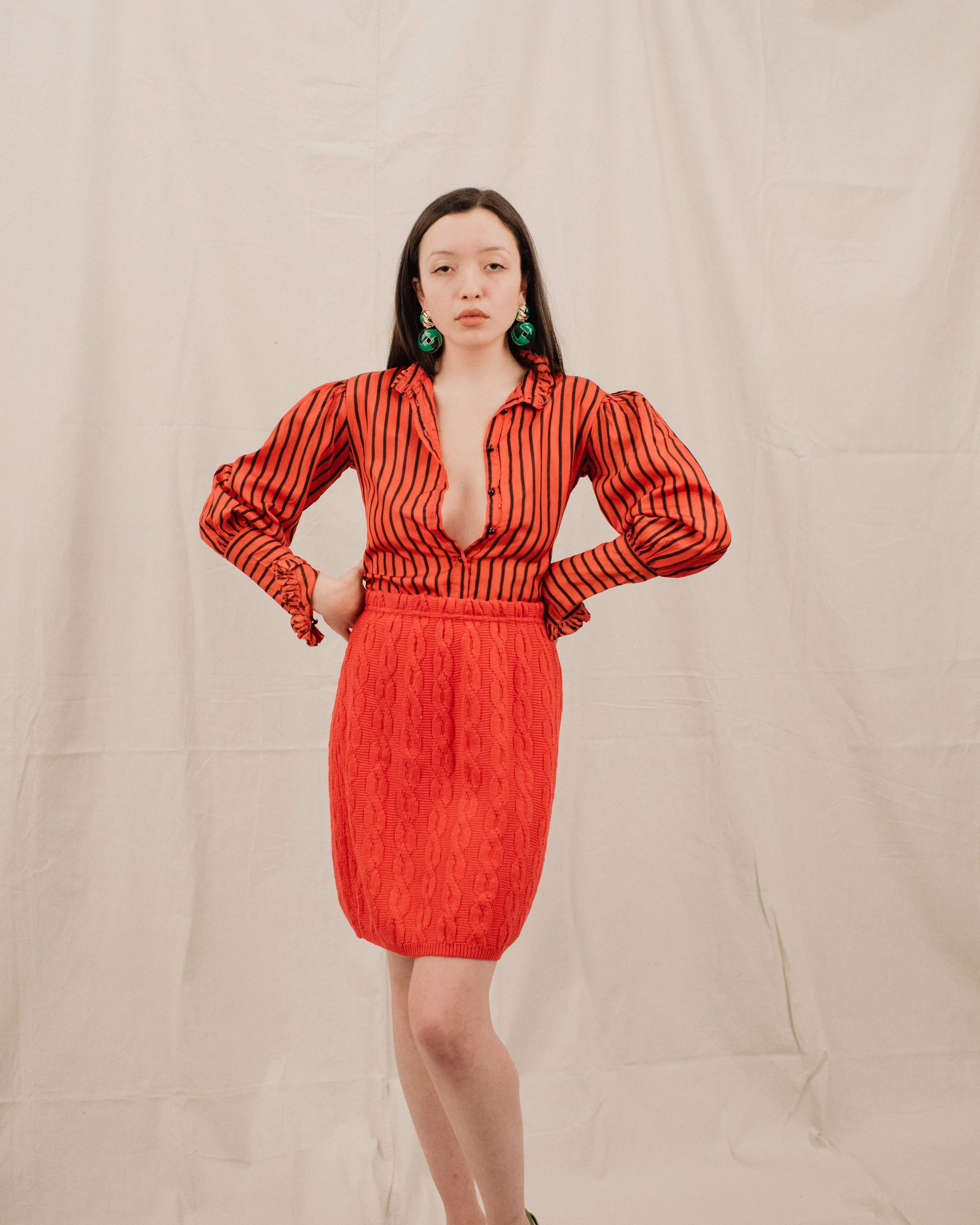 Vintage Cherry Red Cable Knit Skirt (S)