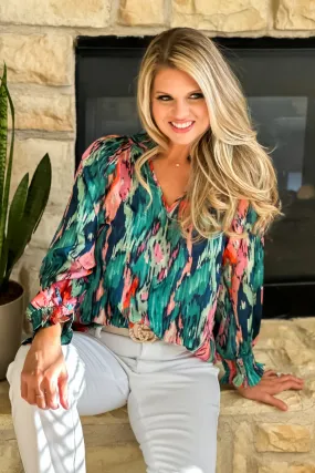 Watercolor Balloon Sleeve Blouse : Green/Pink