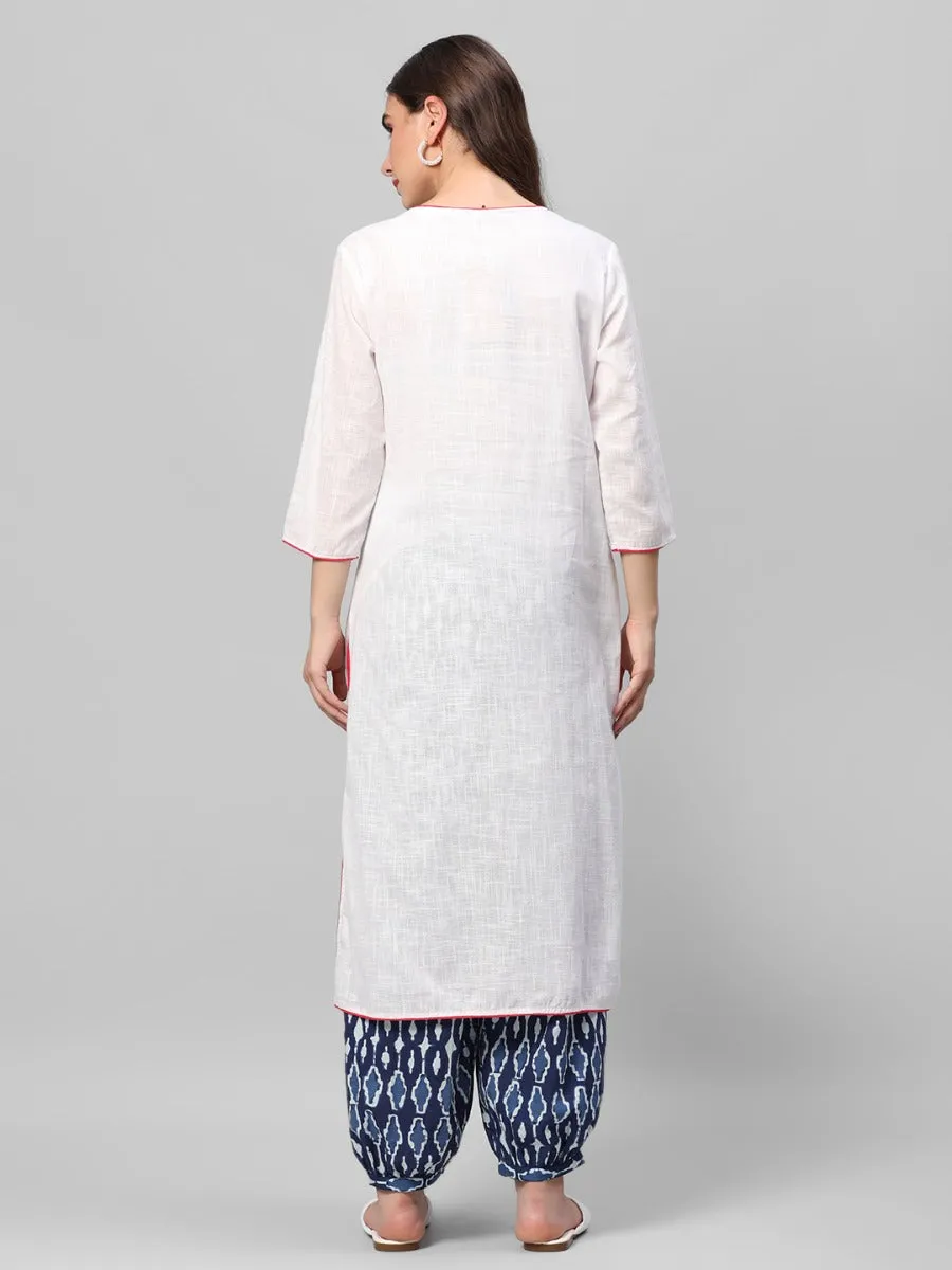 White & Indigo Embroidered Kurta Harem Pant Dupatta