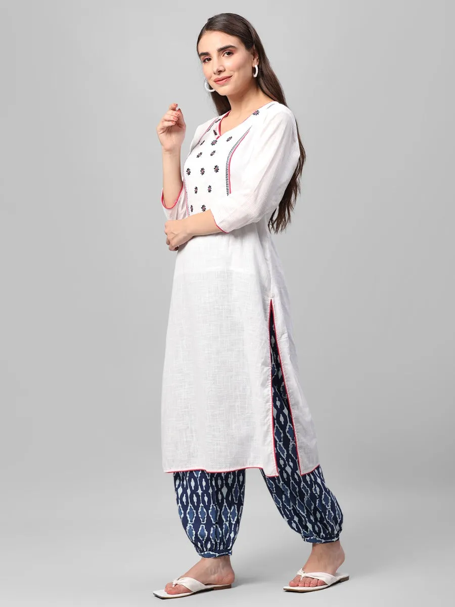 White & Indigo Embroidered Kurta Harem Pant Dupatta