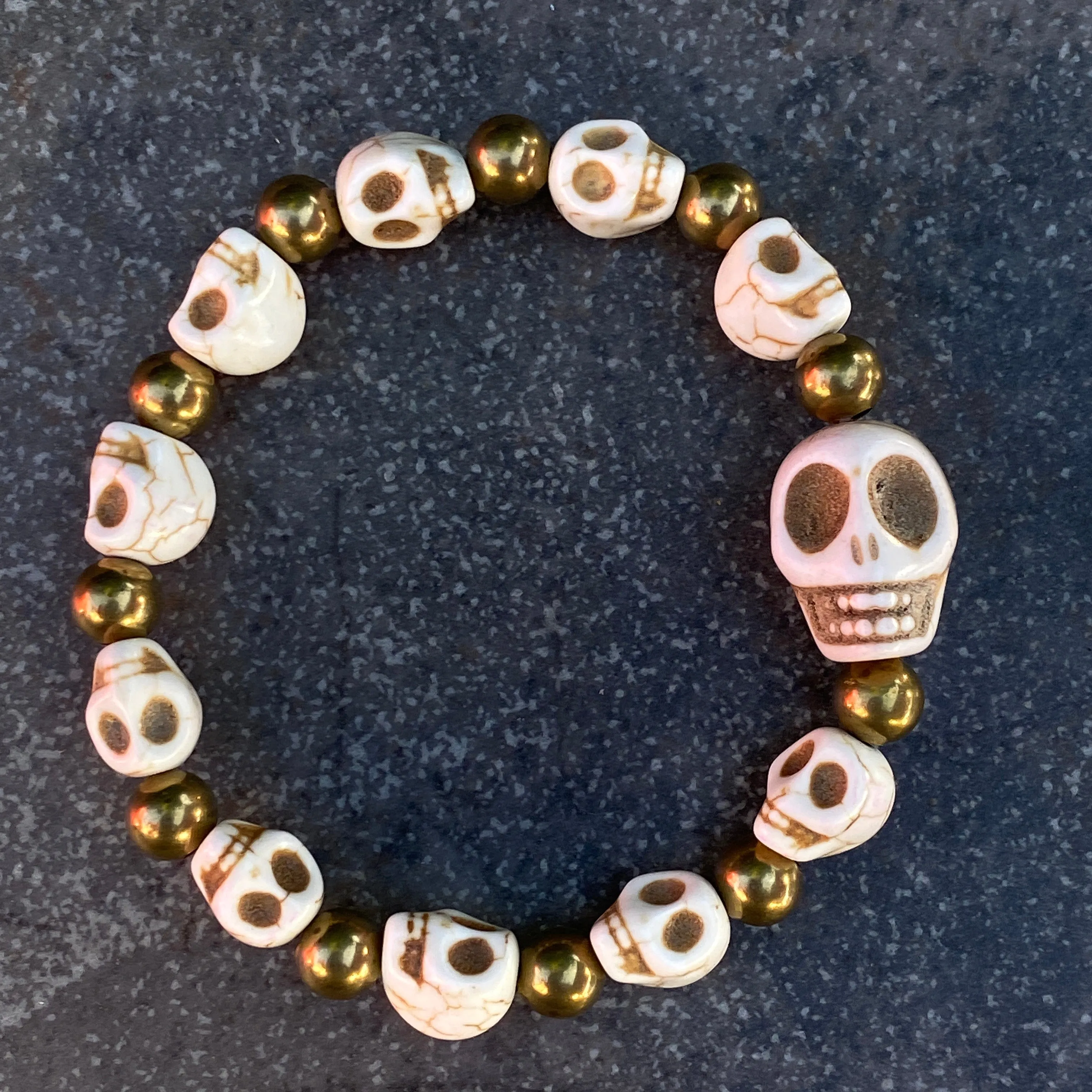 White Howlite Skull and Brass Beaded Bracelet