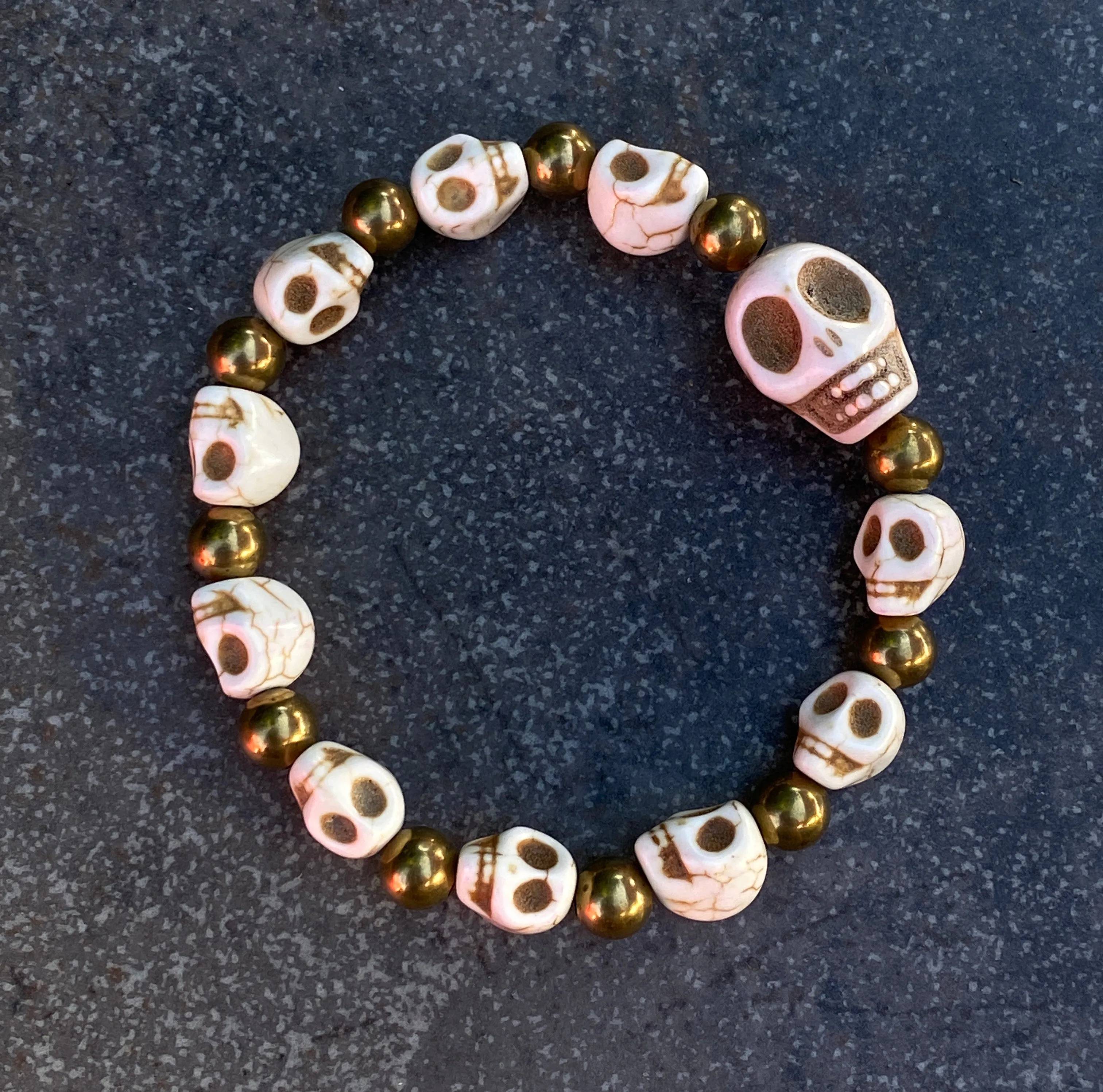 White Howlite Skull and Brass Beaded Bracelet